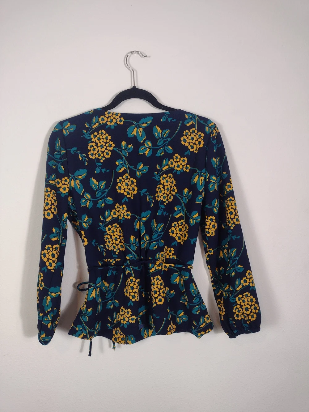 J. Crew Blue Yellow Floral Faux Wrap Tie Waist Peplum Long Sleeve Blouse Size M